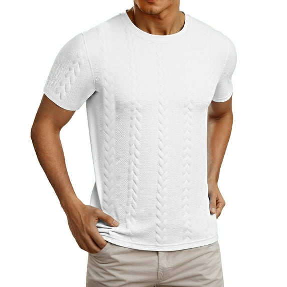 MIXUE Shirts For Men Summer Solid Color Jacquard Round Neck Short Sleeve Casual Pullover Tops Tshirts Activewear,White,XL