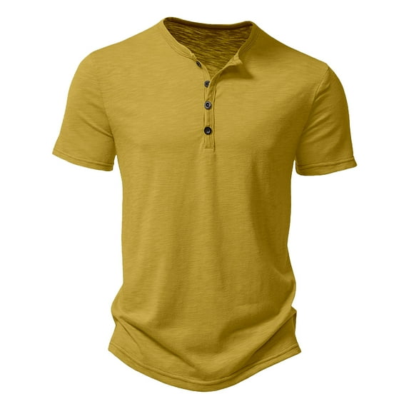 MIXUE Shirts For Men Summer Solid Color Round Neck Button Short Sleeve Casual Basic Pullover Tops T-shirts Outwear,Yellow,M