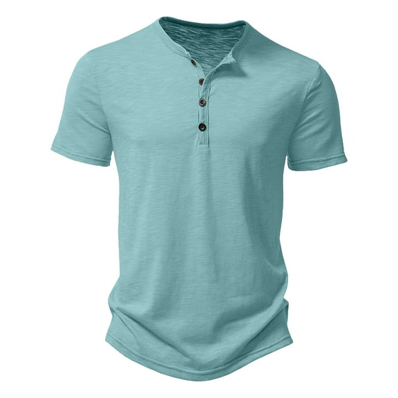 MIXUE Shirts For Men Summer Solid Color Round Neck Button Short Sleeve Casual Basic Pullover Tops Tshirts Outwear,Green,M