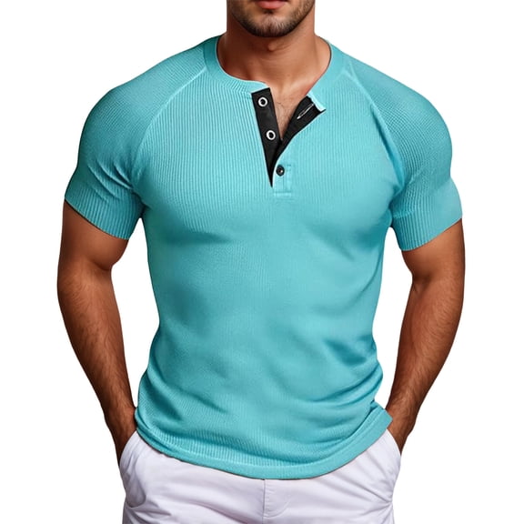 MIXUE Shirts For Men Summer Solid Color Round Neck Button Short Sleeve Casual Pullover Tops Tshirts Streetwear,Blue,XXL