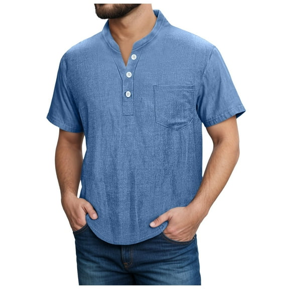 MIXUE Shirts For Men Summer Solid Color Round Neck Button Short Sleeve Pockets Fashion Casual Pullover Tops Tshirts Streetwear,Blue,XXL