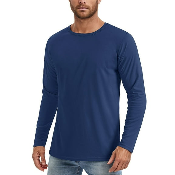 MIXUE Shirts For Men Summer Solid Color Round Neck Long Sleeve Casual Basic Pullover Tops Tee Shirts Sportswear,Blue,XXXL