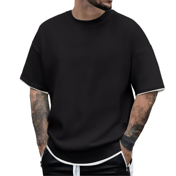 MIXUE Shirts For Men Summer Solid Color Round Neck Short Sleeve Casual Pullover Tops T-shirts Activewear,Black,XXL