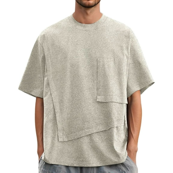 MIXUE Shirts For Men Summer Solid Color Round Neck Short Sleeve Loose Fit Casual Pockets Pullover Tops T-shirts Outwear,Beige,XXL