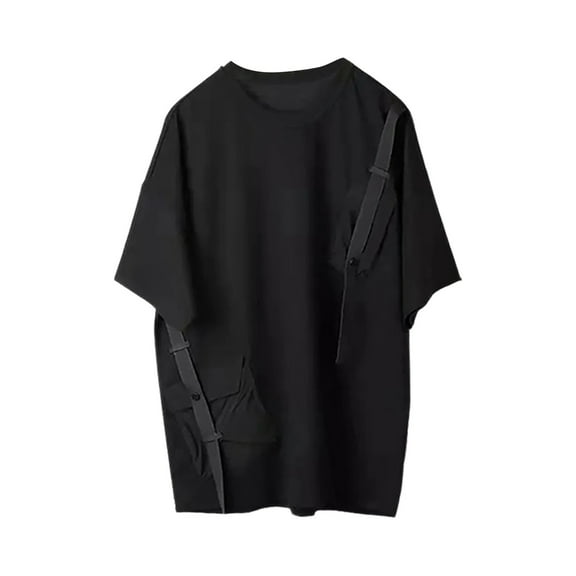 MIXUE Shirts For Men Summer Solid Color Round Neck Short Sleeve Pockets Casual Basic Pullover Tops T-shirts Streetwear,Black,XL