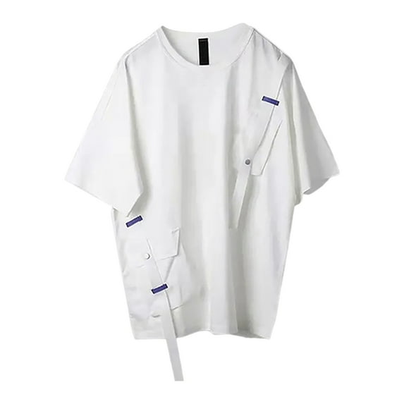 MIXUE Shirts For Men Summer Solid Color Round Neck Short Sleeve Pockets Casual Basic Pullover Tops Tee Shirts Daily-Wear,White,XL