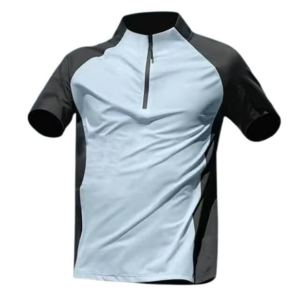 MIXUE Shirts For Men Summer Solid Color Round Neck Zipper Short Sleeve Casual Fit Lightweight Pullover Tops Tshirts Activewear,Blue,XXXL