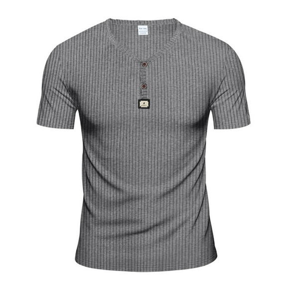 MIXUE Shirts For Men Summer Solid Color Striped Round Neck Short Sleeve Loose Fit Casual Pullover Tops T Shirts Daily-Wear,Gray,XL