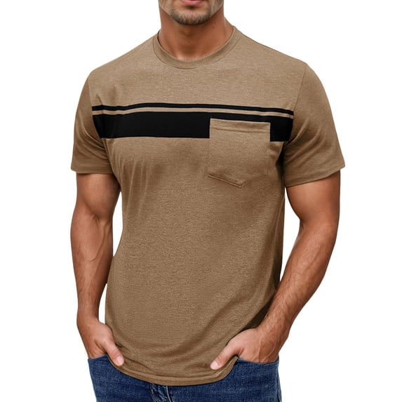 MIXUE Shirts For Men Summer Solid Color Striped Round Neck Short Sleeve Tops Pullover T Shirts Daily-Wear,Brown,XXL