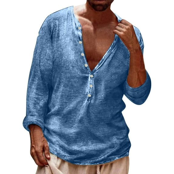 MIXUE Shirts For Men Summer Solid Color V Neck Button Long Sleeve Pullover Tops T-shirts Activewear,Blue,L