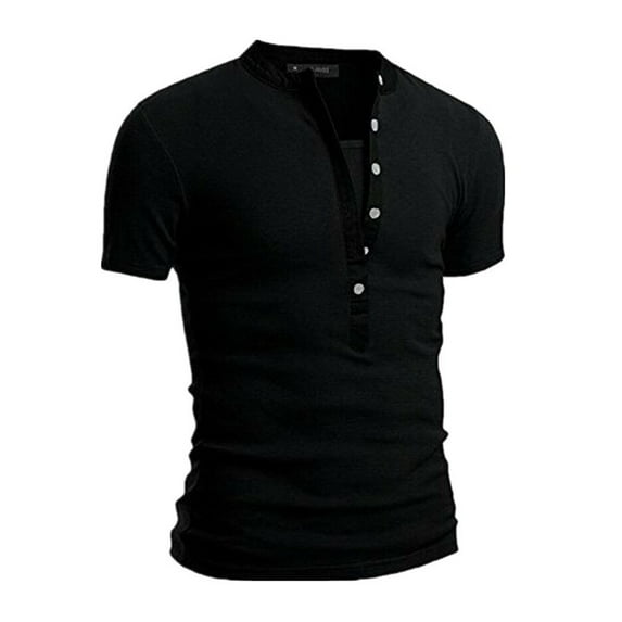 MIXUE Shirts For Men Summer Solid Color V Neck Button Short Sleeve Loose Fit Casual Basic Pullover Tops T Shirts Daily-Wear,Black,XXL