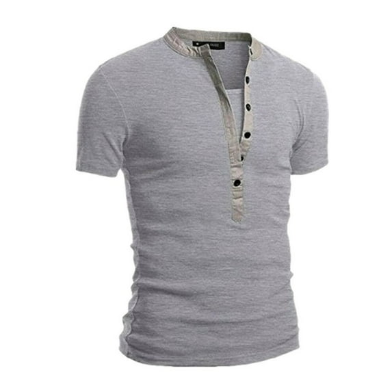 MIXUE Shirts For Men Summer Solid Color V Neck Button Short Sleeve Loose Fit Casual Basic Pullover Tops T-shirts Activewear,Gray,XL