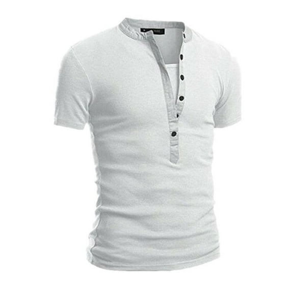 MIXUE Shirts For Men Summer Solid Color V Neck Button Short Sleeve Loose Fit Casual Basic Pullover Tops Tshirts Streetwear,White,M
