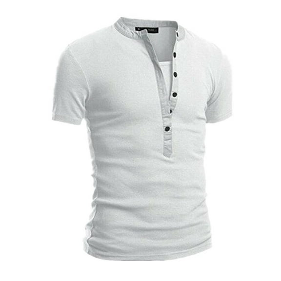 MIXUE Shirts For Men Summer Solid Color V Neck Button Short Sleeve Loose Fit Casual Basic Pullover Tops Tshirts Streetwear,White,M