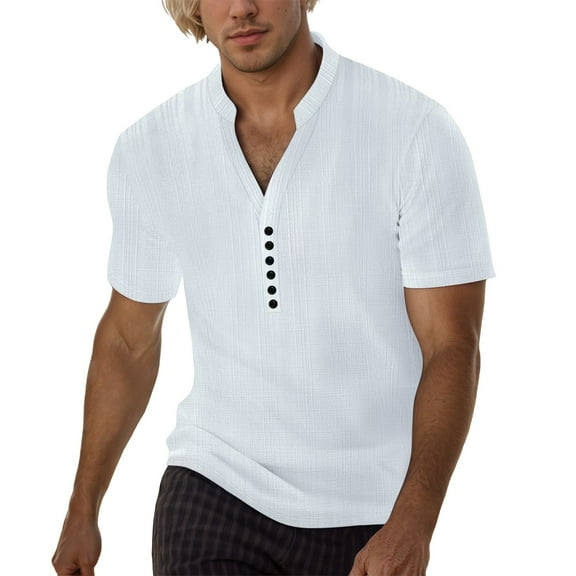 MIXUE Shirts For Men Summer Solid Color V Neck Button Short Sleeve Slim Fit Casual Basic Pullover Tops T Shirts Sportswear,White,L