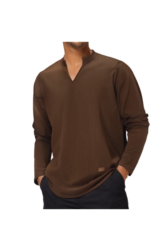 Shirts For Men Summer Solid Color V Neck Long Sleeve Loose Tops Pullover Tshirts Outwear,Brown,XXL