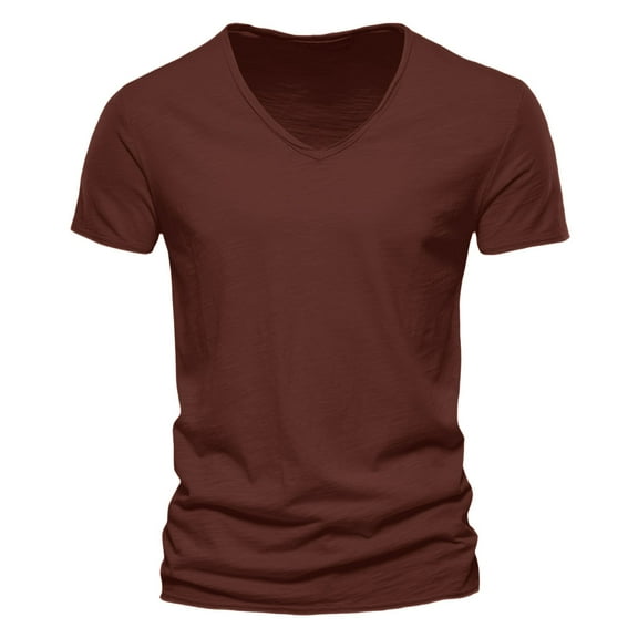 MIXUE Shirts For Men Summer Solid Color V Neck Short Sleeve Fashion Casual Pullover Tops T Shirts Daily-Wear,Brown,L