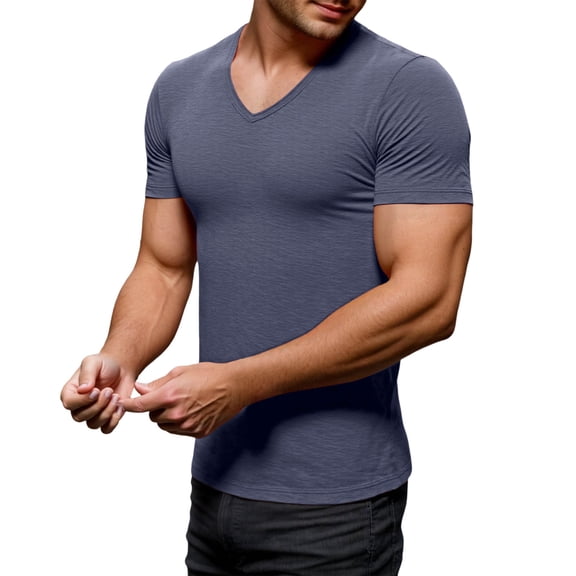 MIXUE Shirts For Men Summer Solid Color V Neck Short Sleeve Slim Casual Soft Basic Pullover Tops Tshirts Activewear,Gray,M