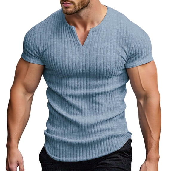 MIXUE Shirts For Men Summer Solid Color V Neck Short Sleeve Slim Fit Casual Basic Pullover Tops Tshirts Outwear,Blue,XXL
