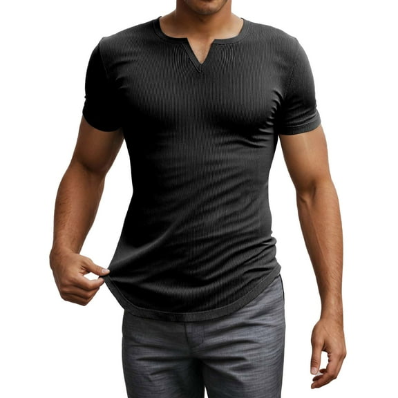 MIXUE Shirts For Men Summer Solid Color V Neck Short Sleeve Slim Fit Casual Pullover Tops T-shirts Activewear,Black,L