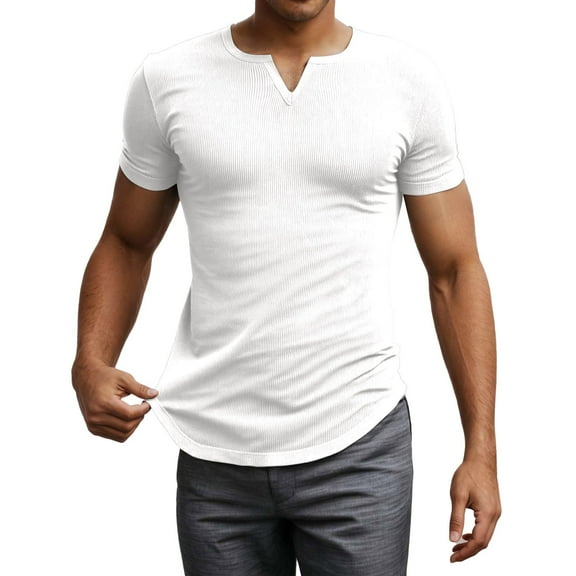 MIXUE Shirts For Men Summer Solid Color V Neck Short Sleeve Slim Fit Casual Pullover Tops T-shirts Outwear,White,L