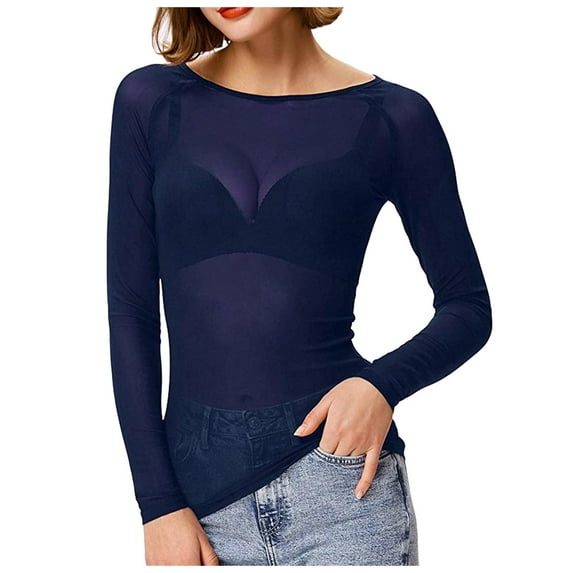 MIXUE Shirts For Women Summer Solid Color Mesh See Through Round Neck Long Sleeve Seamless Womens Tops T Shirts Daily-Wear,Blue,L