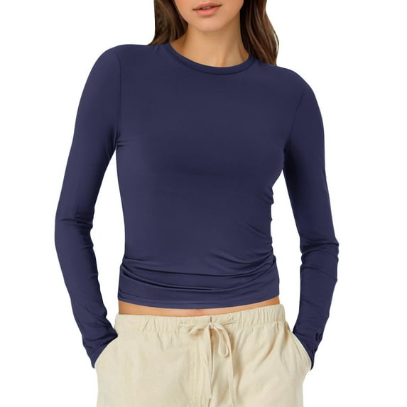 MIXUE Shirts For Women Summer Solid Color Round Neck Long Sleeve Tight Slim Fit Basic Workout Yoga Womens Tops Tee Shirts Daily-Wear,Blue,XS