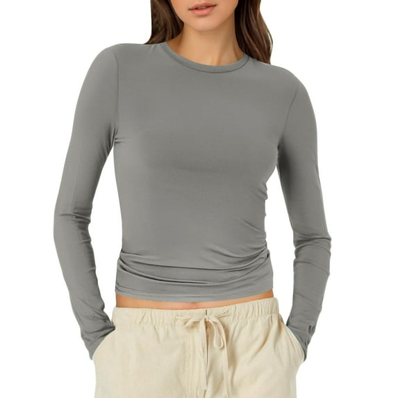 MIXUE Shirts For Women Summer Solid Color Round Neck Long Sleeve Tight Slim Fit Basic Workout Yoga Womens Tops Tee Shirts Daily-Wear,Gray,XS