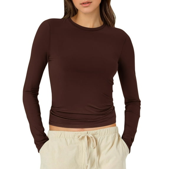 MIXUE Shirts For Women Summer Solid Color Round Neck Long Sleeve Tight Slim Fit Basic Workout Yoga Womens Tops Tshirts Outwear,Brown,L