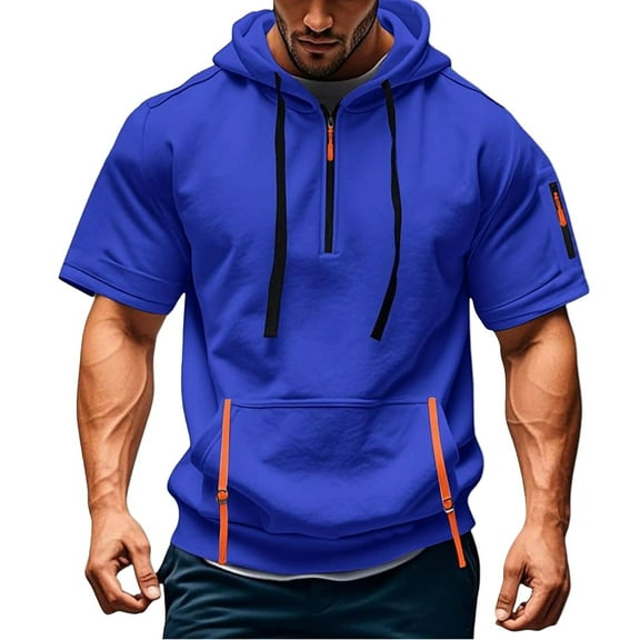MIXUE Shirts For Men Summer Solid Color Hooded Drawstring Short Sleeve Pockets Sweatshirt Breathable Lightweight Pullover Tops T Shirts Daily-Wear,Blue,M