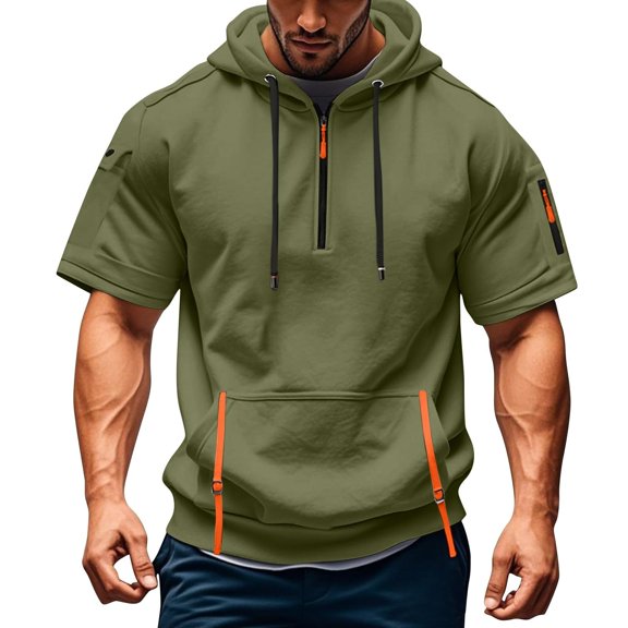MIXUE Shirts For Men Summer Solid Color Hooded Drawstring Short Sleeve Pockets Sweatshirt Breathable Lightweight Pullover Tops Tee Shirts Holiday Wear,Green,XXXL