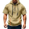 thumbnail image 1 of MIXUE Shirts For Men Summer Solid Color Hooded Drawstring Short Sleeve Pockets Sweatshirt Breathable Lightweight Pullover Tops Tshirts Streetwear,Brown,L, 1 of 5