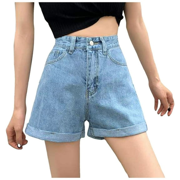 MIXUE Shorts For Women Summer Denim Solid Color High Waist Button With Pockets Fashion Jeans Daily-Wear,Blue,S