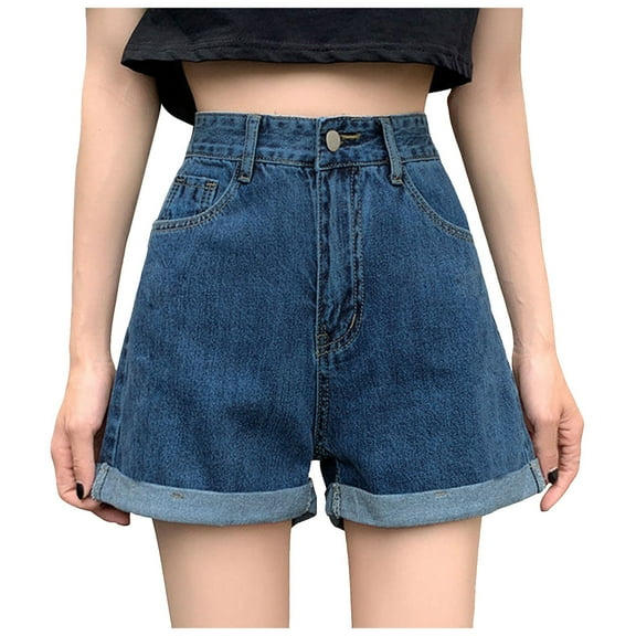 MIXUE Shorts For Women Summer Denim Solid Color High Waist Button With Pockets Fashion Jeans Outwear,Blue,L