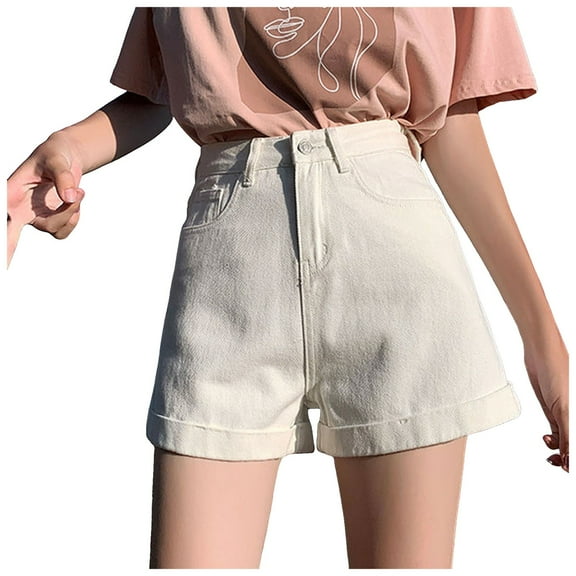 MIXUE Shorts For Women Summer Denim Solid Color High Waist Button With Pockets Fashion Jeans Outwear,White,S