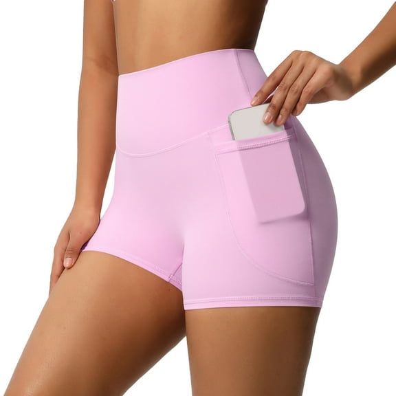 MIXUE Shorts For Women Summer Ice Silk Solid Color Elastic High Waist Slim Fit Seamless Casual With Pockets Leggings Shorts Streetwear,Pink,S