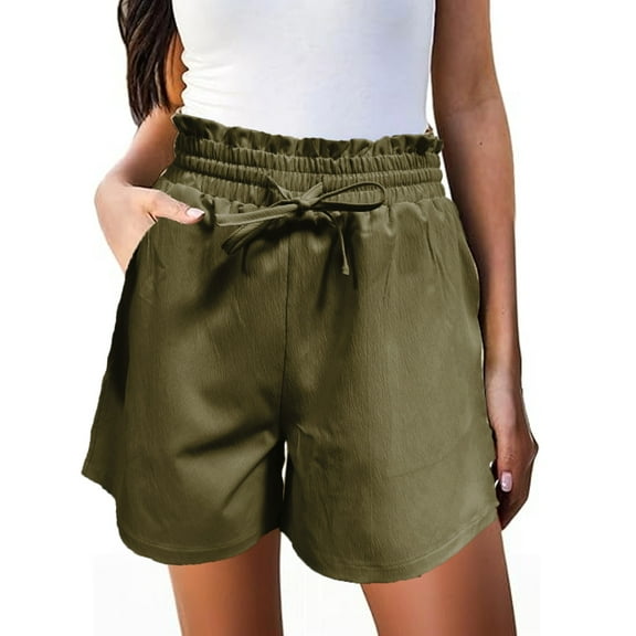 MIXUE Shorts For Women Summer Linen Solid Color Elastic High Waist Drawstring Casual Beach Shorts Beachwear,Green,S