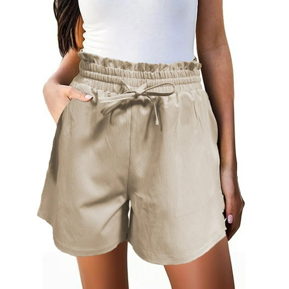 MIXUE Shorts For Women Summer Linen Solid Color Elastic High Waist Drawstring Casual Beach Shorts Sportswear,Beige,XXL