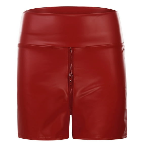 MIXUE Shorts For Women Summer Pc Leather Solid Color High Waist Zipper Fashion Nightclub Shorts Daily-Wear,Red,XS