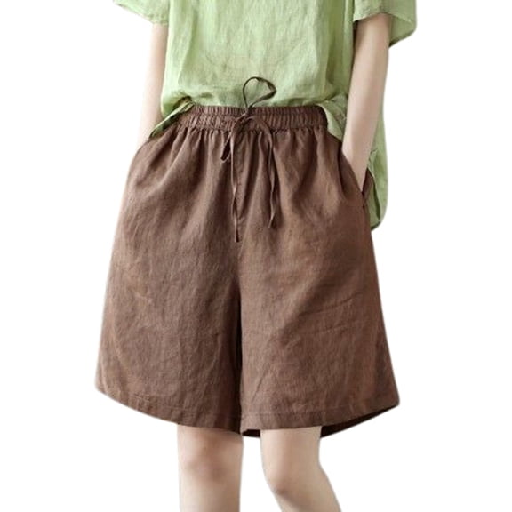 MIXUE Shorts For Women Summer Solid Color Cropped Trousers Pocket Overalls Casual Linen Womens Shorts Daily-Wear,Brown,M