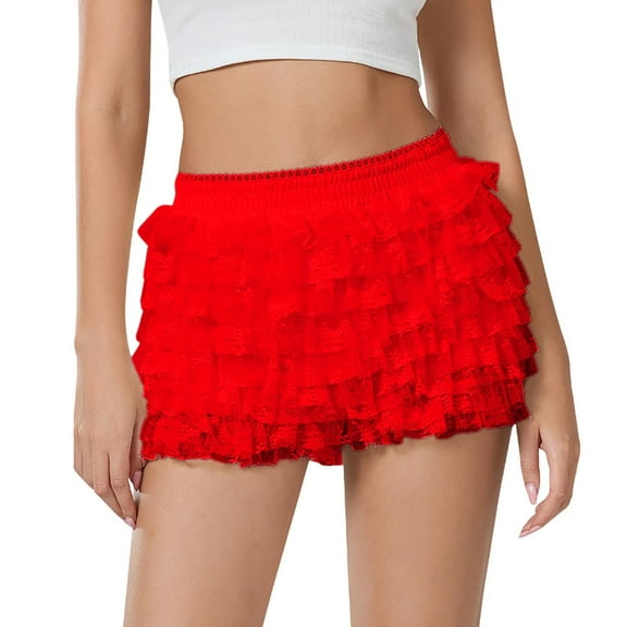 MIXUE Shorts For Women Summer Solid Color Cute Ruffle Lace Pumpkin Sexy Boy Layered Bottoms Sweet Womens Shorts Sportwear,Red,M