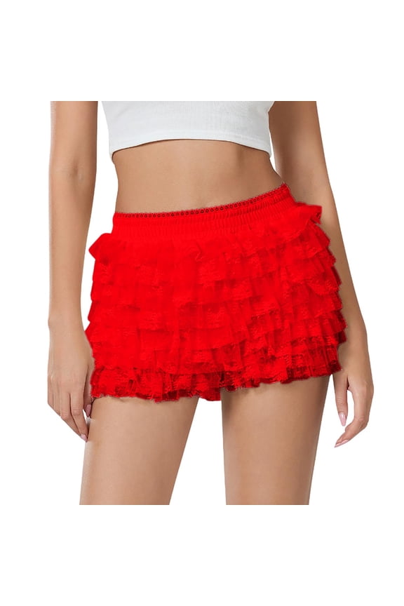 Shorts For Women Summer Solid Color Cute Ruffle Lace Pumpkin Sexy Boy Layered Bottoms Sweet Womens Shorts Sportwear,Red,M