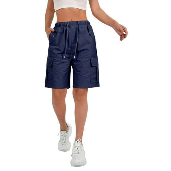 MIXUE Shorts For Women Summer Solid Color Elastic High Waist Drawstring With Pockets Casual Shorts Beachwear,Blue,L