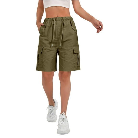 MIXUE Shorts For Women Summer Solid Color Elastic High Waist Drawstring With Pockets Casual Shorts Sportswear,Green,XXL