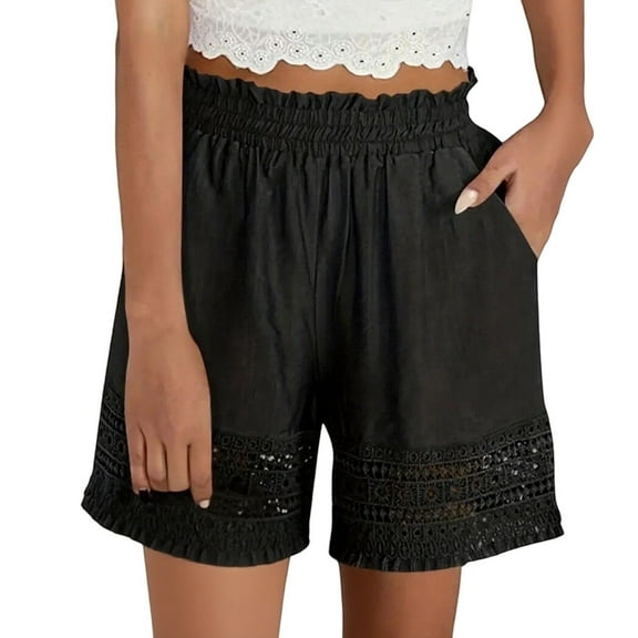 MIXUE Shorts For Women Summer Solid Color Elastic High Waist Floral Lace Loose Fit Casual Shorts Daily-Wear,Black,L