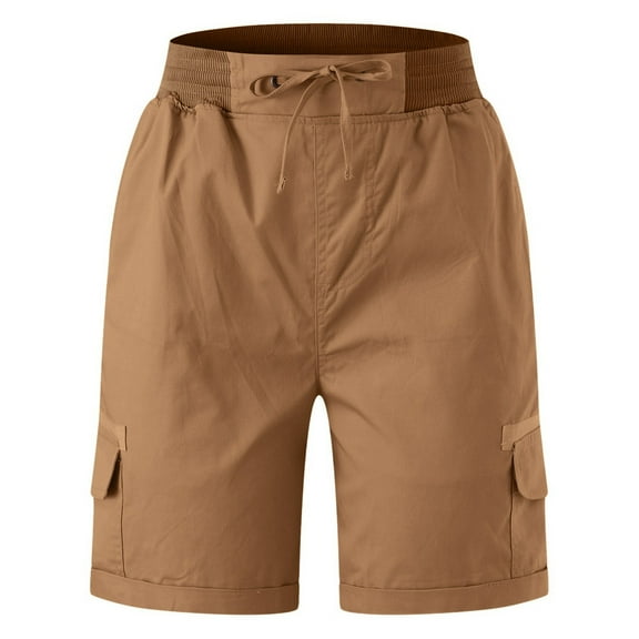 MIXUE Shorts For Women Summer Solid Color Elastic Waist Drawstring Fashion Casual Cargo Shorts Daily-Wear,Brown,XL