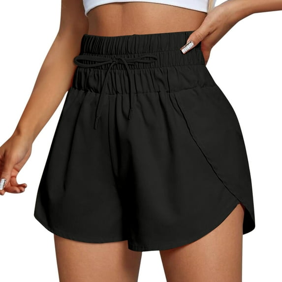 MIXUE Shorts For Women Summer Solid Color Elastic Waist Drawstring Sports Workout Yoga Athletic Shorts Outwear,Black,L