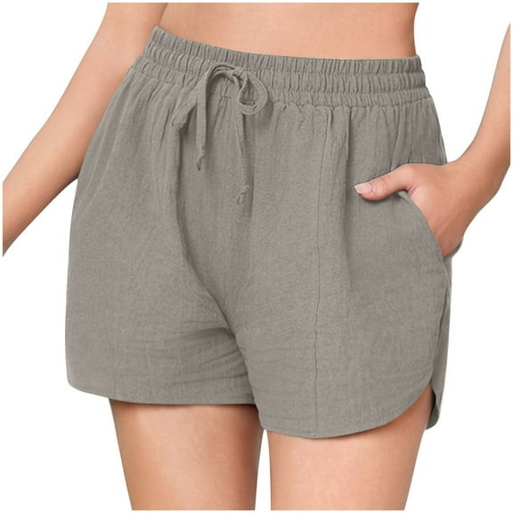 MIXUE Shorts For Women Summer Solid Color Linen Wide Leg Casual Loose High Waist Drawstring Pockets Womens Shorts Holiday Wear,Gray,XL