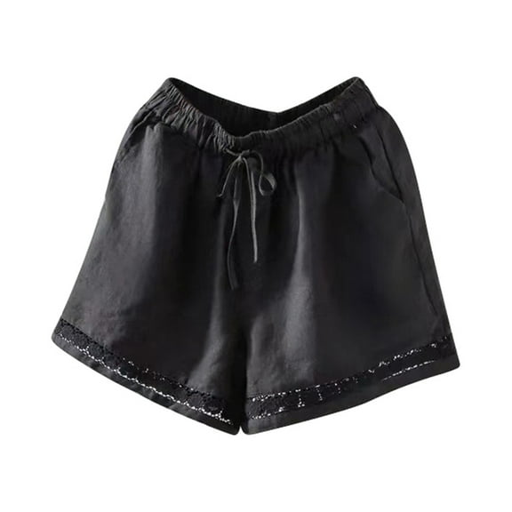 MIXUE Shorts For Women Summer Solid Color Retro Hollowed Out Lace Casual Show Thin Straight Leg Womens Shorts Streetwear,Black,XXXL