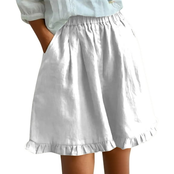MIXUE Shorts For Women Summer Solid Color Retro Lace Elastic Waist Pocket Wide Leg Casual Womens Shorts Outwear,White,XXXL